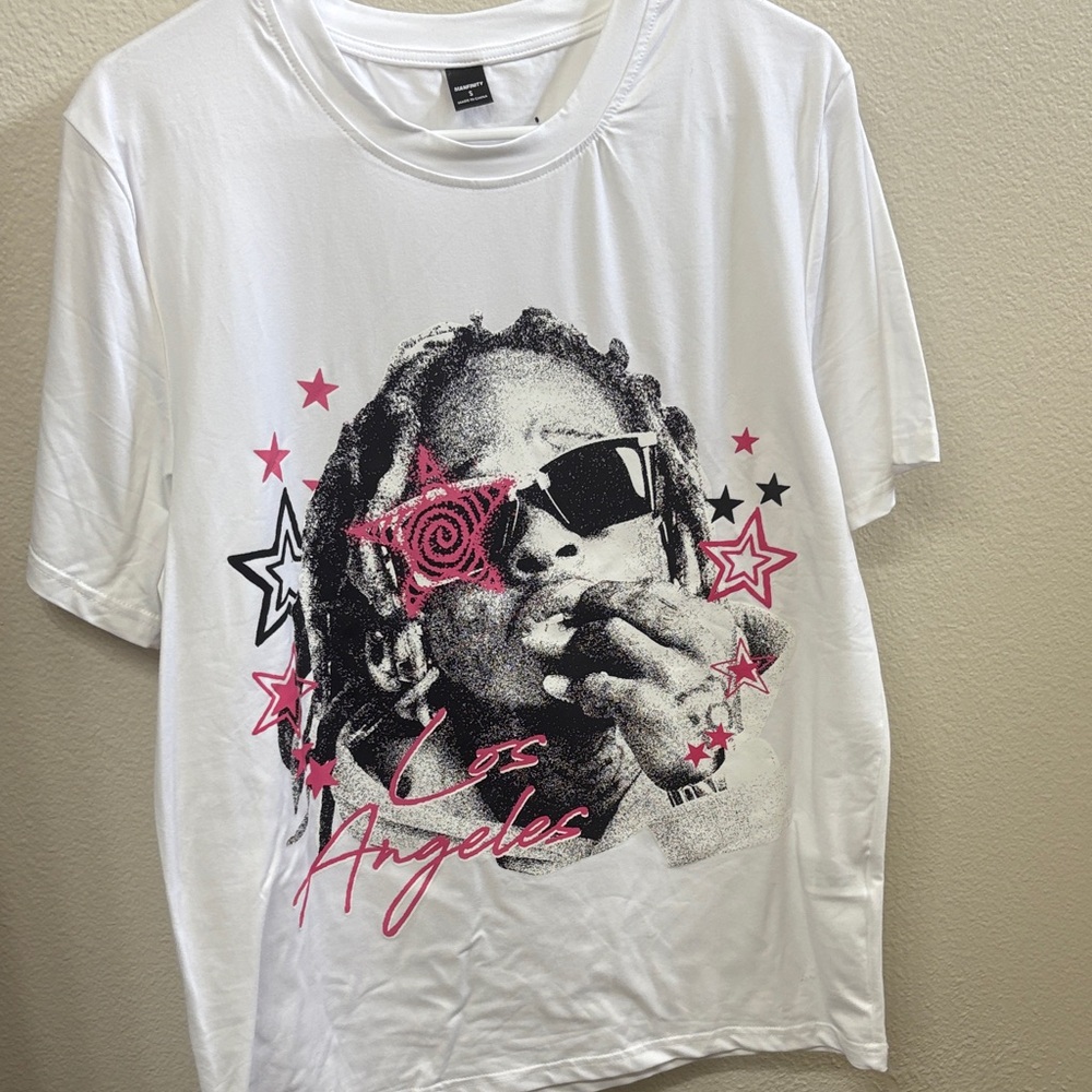 White Graphic Tee with Pink and Black Design